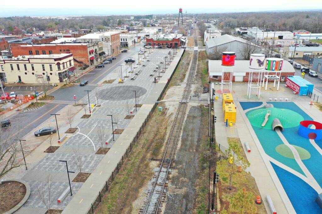 Drone shot of street near address of Lee and James dentistry